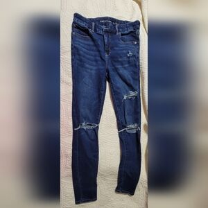 American Eagle Outfitters Women's Dark Blue Ripped High-rise Jegging